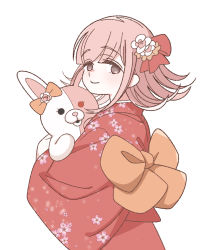 Rule 34 | 1girl, alternate costume, alternate hair ornament, blush, bow, closed mouth, commentary request, danganronpa (series), danganronpa 2: goodbye despair, ear bow, floral print, flower, from side, hair bow, hair flower, hair ornament, holding, japanese clothes, kimono, long sleeves, looking at viewer, monomi (danganronpa), nanami chiaki, orange bow, simple background, smile, upper body, white background, wide sleeves, yoshi taka (y 04taka)