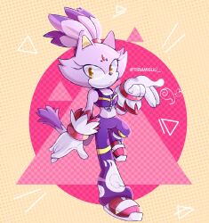 Rule 34 | 1girl, animal ears, blaze the cat, cat ears, cat girl, cat tail, crop top, emi (storminghearts), eyelashes, forehead jewel, fur-trimmed gloves, fur trim, furry, furry female, gloves, looking at viewer, midriff, pants, pink footwear, ponytail, purple fur, purple pants, sonic (series), sonic riders, tail, white gloves, yellow eyes, zipper, zipper pull tab