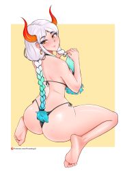 Rule 34 | 1girl, absurdres, alternate hairstyle, ass, barefoot, bikini, braid, braiding hair, breasts, completely nude, earrings, feet, fraankyy, from behind, full body, hairdressing, highres, horns, jewelry, large breasts, looking at viewer, multicolored hair, nail polish, nude, one piece, orange eyes, sideboob, sitting, soles, solo, swimsuit, thick eyebrows, thick thighs, thighs, toes, wariza, wide hips, yamato (one piece)