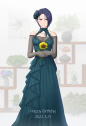 Rule 34 | 1girl, 2022, absurdres, bare shoulders, black flower, black rose, blue dress, blush, bodystocking, breasts, collarbone, commentary request, dated, dress, english text, fire emblem, fire emblem: three houses, fire emblem heroes, flower, formal, furo atsushi, grin, hair flower, hair ornament, happy birthday, highres, holding, holding flower, lips, looking at viewer, medium breasts, nintendo, off-shoulder dress, off shoulder, official alternate costume, pink lips, purple eyes, purple hair, rose, shamir nevrand, short hair, smile, solo, sunflower, teeth, yellow flower
