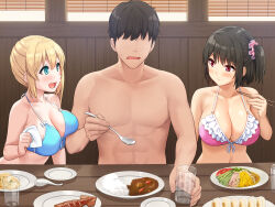 Rule 34 | 2girls, bikini, black hair, blonde hair, blue eyes, blush, breast press, breasts, chopsticks, cleavage, cup, drinking glass, eating, food, height difference, highres, holding, indoors, kyokon no ani, namaiki de do-m na imouto to ichaicha suru+, large breasts, long hair, looking at another, medium hair, multiple girls, no eyes, open mouth, original, red eyes, sawada yuusuke, side ponytail, sitting, spoon, swimsuit, table, topless, upper body, water