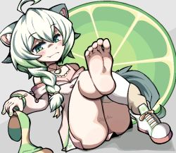 Rule 34 | 1girl, ahoge, animal ear fluff, animal ears, ass, asymmetrical legwear, average-hanzo, barefoot, blush, braid, closed mouth, doyagao, fangs, feet, ferret, ferret girl, food, food-themed necklace, foot focus, fruit, green eyes, green hair, green thighhighs, holding, holding clothes, holding legwear, jacket, jewelry, laimu (vtuber), leg up, lime (fruit), lime slice, long sleeves, looking at viewer, mismatched legwear, multicolored hair, nail polish, name connection, necklace, shoes, short hair, single shoe, sitting, slit pupils, smile, smug, soles, solo, striped clothes, striped thighhighs, tail, thighhigh removed, thighhighs, toenail polish, toenails, toes, two-tone hair, unworn legwear, vinesauce, virtual youtuber, white hair, white jacket, white thighhighs