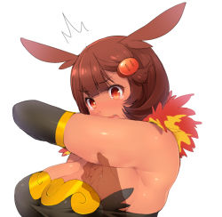 Rule 34 | ^^^, 1girl, armpits, breasts, brown hair, cleavage, elbow gloves, emboar, fang, gen 5 pokemon, gloves, hair ornament, hizuki akira, large breasts, open mouth, personification, pinching, plump, pokemon, pov, pov hands, red eyes, solo focus, tan, tears, transparent limb
