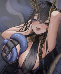 Rule 34 | 1girl, antlers, azur lane, black hair, blue eyes, breast curtains, breasts, chain, covered erect nipples, fangs, golden hind (azur lane), hand on own face, highres, horns, kuwahara taiki, large breasts, long hair, looking at viewer, mole, mole under mouth, reindeer antlers, solo, tentacles, tongue, tongue out, upper body, very long hair, wet