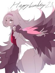 Rule 34 | 1girl, absurdres, animal ears, dress, grey eyes, grey hair, hair intakes, hairband, happy birthday, highres, long hair, looking back, no.21: feral scent (punishing: gray raven), no.21 (punishing: gray raven), panties, pink hairband, pink sleeves, punishing: gray raven, red dress, sidelocks, sleeves past wrists, solo, takashi san, two-tone dress, underwear, very long hair, white dress, white hair, white panties, wolf ears