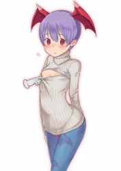 Rule 34 | 1girl, animal print, bat print, blush, closed mouth, demon girl, disembodied hand, flat chest, head wings, highres, lilith aensland, looking at viewer, meme attire, pantyhose, print pantyhose, short hair, simple background, solo, ushihashiru, vampire (game), virgin killer sweater, white background, wings
