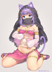 Rule 34 | 1girl, :d, animal ear fluff, animal ears, anklet, bare shoulders, blue eyes, breasts, cat ears, cat tail, cleavage, crystal ball, detached sleeves, feet, full body, grey background, harem outfit, jewelry, long hair, medium breasts, mouth veil, necklace, o-ring, o-ring bottom, o-ring top, open mouth, original, puffy detached sleeves, puffy sleeves, purple hair, sandals, sasaame, simple background, sitting, smile, solo, tail, toes, twitter username, veil, wariza