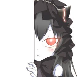 Rule 34 | &gt;:&lt;, 10s, 1girl, :&lt;, abyssal ship, black hair, closed mouth, colored skin, hairband, horns, isolated island oni, kantai collection, lolita hairband, long hair, looking at viewer, nagineko, pale skin, peeking out, red eyes, single horn, solo, transparent background, v-shaped eyebrows, white skin