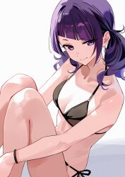 Rule 34 | 1girl, bare arms, bare legs, bare shoulders, bikini, black bikini, breasts, commentary request, diagonal bangs, highres, hugging own legs, idolmaster, idolmaster shiny colors, kinjin, knees up, long hair, looking at viewer, medium breasts, purple eyes, purple hair, solo, swimsuit, tanaka mamimi, twintails, white background