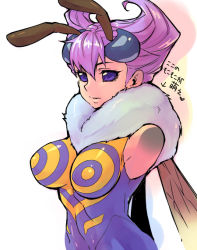 Rule 34 | 1girl, amputee, antennae, arthropod girl, bee girl, blue eyes, breasts, capcom, insect girl, insect wings, kekocha, large breasts, monster girl, purple hair, q-bee, short hair, simple background, solid eyes, solo, vampire (game), white background, wings