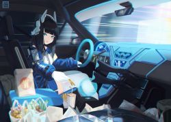 Rule 34 | 1girl, absurdres, bag, bendy straw, black hair, breasts, car interior, chromatic aberration, commentary request, cup, disposable cup, drinking straw, driving, fast food, food, french fries, gloves, green eyes, gun, headgear, highres, holding, holding food, hologram, long hair, long sleeves, looking at viewer, medium breasts, natori youkai, original, paper bag, parted lips, plastic bag, puffy long sleeves, puffy sleeves, qr code, shirt, shotgun, sitting, sleeves past wrists, smile, solo, thighhighs, weapon, white gloves, white shirt, white thighhighs