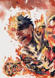 1boy agni_(fire_punch) black_hair blood burning embers fire fire_punch fujimoto_tatsuki_(style) highres punching self-immolation shouting simple_background sukesukeburger teeth white_background