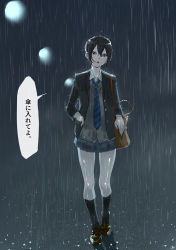 Rule 34 | 1girl, aged down, alternate hair color, bag, blazer, brown eyes, commentary request, full body, hand in pocket, highres, idolmaster, idolmaster cinderella girls, jacket, lamppost, loafers, looking at viewer, necktie, open mouth, rain, road, school uniform, shiomi syuko, shoes, short hair, shoulder bag, signature, skirt, socks, solo, speech bubble, street, striped necktie, striped neckwear, translation request, watanukin (etson122127), wet, wet clothes