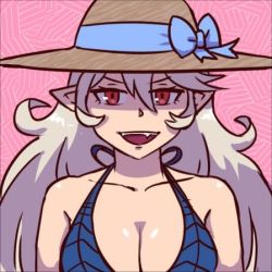 Rule 34 | 1girl, akairiot, bare shoulders, bikini, breasts, cleavage, corrin (female) (fire emblem), corrin (fire emblem), fang, fire emblem, fire emblem fates, hat, large breasts, long hair, looking at viewer, lowres, nintendo, open mouth, portrait, red eyes, silver hair, smile, swimsuit, tagme