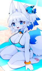 Rule 34 | 1girl, :d, absurdres, android, animal ear piercing, animal ears, barefoot, beach, beach towel, bikini, blue bikini, blue eyes, blue hair, blush, body fur, bracelet, breasts, bright pupils, cleavage, collared bikini, dev voxy, fang, fox ears, fox girl, fox tail, furry, furry female, hair ornament, hairclip, highres, jewelry, large breasts, multicolored hair, navel, open mouth, original, pawpads, ponytail, seams, shade, sitting, smile, solo, swimsuit, tail, towel, two-tone hair, wariza, white fur, white hair, white pupils