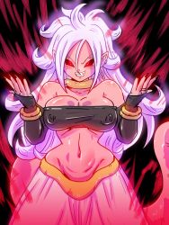 Rule 34 | 1girl, alternate form, android 21, aura, bare shoulders, black background, black sclera, breasts, cleavage, clenched teeth, colored sclera, colored skin, dragon ball, dragon ball fighterz, earrings, covered erect nipples, evil smile, glowing, glowing eyes, hoop earrings, jewelry, large breasts, light purple hair, majin android 21, monster girl, nail polish, navel, pink skin, pointy ears, red eyes, rickert kai, smile, solo, spoilers, stomach, tail, teeth