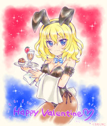 Rule 34 | 1girl, alternate costume, animal ears, armband, artist name, black leotard, black pantyhose, blonde hair, blue background, blue bow, blue bowtie, blue eyes, bow, bowtie, breasts, chocolate, cleavage, closed mouth, collar, commentary, cowboy shot, cup, detached collar, drinking glass, english text, fake animal ears, fake tail, food, frilled armband, frills, fruit, girls und panzer, happy valentine, heart, holding, holding tray, kuromori yako, leotard, looking at viewer, medium breasts, medium hair, messy hair, multicolored background, oshida (girls und panzer), pantyhose, playboy bunny, rabbit ears, rabbit tail, red background, side-tie leotard, smile, solo, sparkle, standing, strapless, strapless leotard, strawberry, tail, towel, tray, white collar, white towel, wine glass, wing collar, wrist cuffs