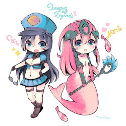 Rule 34 | 2girls, alternate color, alternate costume, black hair, blue eyes, blue hat, blush, breasts, caitlyn (league of legends), character name, chibi, cleavage, copyright name, hat, koi nami, konatsu miyu, league of legends, long hair, medium breasts, mermaid, midriff, monster girl, multiple girls, nami (league of legends), navel, officer caitlyn, open mouth, pink hair, police, police uniform, small breasts, staff, stomach, uniform