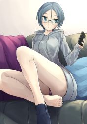 Rule 34 | 1girl, barefoot, blue eyes, casual, commentary request, controller, couch, drawstring, girls und panzer, glasses, grey hair, grey shirt, highres, holding, hood, hood down, hoodie, indoors, kakimoto nao, legs up, loafers, long sleeves, looking at viewer, no pants, on couch, panties, pantyshot, pillow, purple panties, remote control, round eyewear, rumi (girls und panzer), shirt, shoes, short hair, single shoe, sitting, solo, swept bangs, underwear