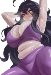 Rule 34 | 1girl, @ @, absurdres, ahoge, alternate breast size, armpits, arms behind head, arms up, belly, black hair, blush, breasts, cleavage, creatures (company), game freak, grey eyes, hair between eyes, hairband, hex maniac (pokemon), highres, huge breasts, large breasts, long hair, messy hair, nia (nia4294), nintendo, pants, plump, pokemon, pokemon xy, solo, sweat, sweatpants, thighs