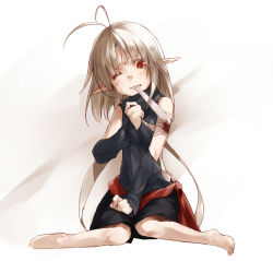Rule 34 | 1girl, antenna hair, bandages, barefoot, blood, detached sleeves, injury, junwool, mouth hold, one eye closed, pixiv fantasia, pixiv fantasia 5, pointy ears, red eyes, sash, short hair, shorts, silver hair, sitting, solo, tears, wariza, wince, wink