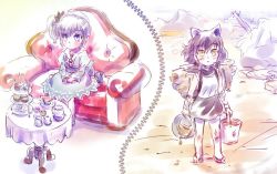 Rule 34 | animal ears, blake belladonna, bucket, cake, cat ears, commentary request, couch, food, iesupa, rubble, rwby, slippers, teapot, weiss schnee, aged down, zipper