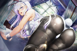 Rule 34 | 1girl, all fours, animal ears, artist request, ass, azur lane, bed, belfast (azur lane), black pantyhose, blue eyes, braid, breasts, crying, curtains, dutch angle, fake animal ears, feet out of frame, highres, indoors, lens flare, leotard, long hair, medium breasts, meme attire, open mouth, pantyhose, playboy bunny, purple hair, rabbit ears, rabbit tail, sayaka ikku, solo, tail, tears, thighs, very long hair, white leotard, window, wrist cuffs