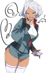Rule 34 | 1girl, asticassia school uniform, breasts, cellphone, collarbone, covering own mouth, dark-skinned female, dark skin, episode number, green eyes, green shorts, grey hair, gundam, gundam suisei no majo, hand over own mouth, heart, highres, holding, holding phone, jacket, large breasts, nail polish, open mouth, partially unzipped, phone, school uniform, secelia dote, short hair, shorts, showhey!!, simple background, skindentation, smartphone, smile, solo, speech bubble, thighhighs, thighs, white background, white nails, white thighhighs, zettai ryouiki