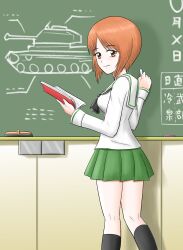 Rule 34 | 1girl, black neckerchief, blouse, book, brown eyes, brown hair, chalk, chalkboard, closed mouth, commentary, drawing, eraser, from behind, girls und panzer, green skirt, harukai-i, highres, holding, holding book, holding chalk, kneehighs, long sleeves, looking at viewer, looking back, military, military vehicle, miniskirt, motor vehicle, neckerchief, nishizumi miho, ooarai school uniform, pleated skirt, sailor collar, school uniform, serafuku, shirt, short hair, skirt, smile, socks, solo, standing, tank, translated, white sailor collar, white shirt