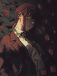 Rule 34 | 1girl, brown jacket, brown necktie, chainsaw man, collared shirt, flower, highres, jacket, leaf, looking at viewer, makima (chainsaw man), necktie, open clothes, open jacket, red flower, red hair, red rose, ringed eyes, rose, shiej007, shirt, solo, upper body, white shirt