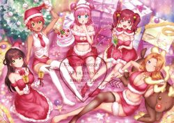 5girls arm_up asymmetrical_legwear bare_shoulders bell black_thighhighs blonde_hair blue_eyes blush bow bowtie box breasts brown_hair cake capelet christmas christmas_cake christmas_lights christmas_tree cleavage cleavage_cutout clenched_teeth closed_mouth clothing_cutout collarbone collared_shirt confetti cropped_shirt detached_collar double_bun dress food fur-trimmed_capelet fur-trimmed_headwear fur-trimmed_sleeves fur-trimmed_socks fur_armlet fur_thigh_strap fur_trim fuufu_ijou_koibito_miman. gift gift_box gloves green_eyes hair_bell hair_bun hair_ornament hamano_mei hat heart heart_cutout heart_necklace highres holding holding_bell holding_cake holding_food holding_party_popper indoors jewelry kanamaru_yuuki kneehighs large_breasts long_hair looking_at_viewer loose_socks miniskirt multiple_girls navel necklace necktie ohashi_natsumi on_floor open_mouth orange_hair parted_bangs party_popper pencil_skirt pink_hair purple_eyes purple_nails red_bow red_bowtie red_capelet red_dress red_eyes red_hair red_hat red_nails red_necktie red_shirt red_shorts red_skirt red_socks red_tube_top sakurazaka_shiori santa_costume santa_hat shirt short_hair short_shorts shorts single_thighhigh sitting skirt sleeveless sleeveless_shirt smile socks strapless strapless_dress streamers stuffed_animal stuffed_reindeer stuffed_toy takamiya_sachi teeth thighhighs tube_top twintails watanabe_akari watermark white_gloves white_socks white_thighhighs