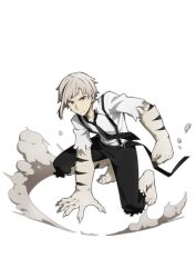 Rule 34 | 1boy, bad source, black hair, black necktie, black pants, bungou stray dogs, claws, collared shirt, grey hair, male focus, multicolored hair, nakajima atsushi (bungou stray dogs), necktie, official art, pants, serious, shirt, solo, spread legs, streaked hair, tiger boy, tiger stripes, torn clothes, torn pants, torn sleeves, transparent background, white shirt