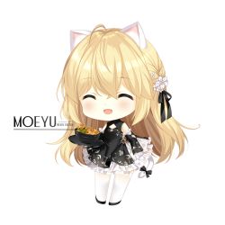 Rule 34 | 1girl, :d, ^ ^, ahoge, animal ear fluff, animal ears, bare shoulders, black bow, black dress, black footwear, black ribbon, black sleeves, blonde hair, bow, bowl, breasts, cat ears, cat girl, cat tail, chibi, china dress, chinese clothes, cleavage cutout, closed eyes, clothing cutout, copyright request, detached sleeves, dress, english text, facing viewer, fang, flower, food, frilled sleeves, frills, hair between eyes, hair flower, hair ornament, hair ribbon, holding, holding tray, loading (verjuice), long hair, long sleeves, noodles, open mouth, ribbon, shoes, simple background, sleeveless, sleeveless dress, sleeves past wrists, small breasts, smile, solo, standing, tail, tail bow, tail ornament, thighhighs, transparent background, tray, very long hair, watermark, web address, white background, white flower, white thighhighs, wide sleeves