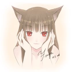 Rule 34 | 1girl, :3, absurdres, animal ears, artist name, bad id, bad pixiv id, brown hair, collarbone, commentary request, earlgery choco (freya), gradient background, head rest, highres, holo, long hair, looking at viewer, nude, red eyes, signature, solo, spice and wolf, wolf ears, wolf girl