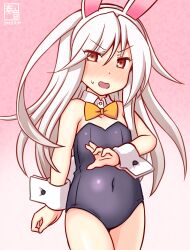 Rule 34 | 1girl, animal ears, bare legs, bare shoulders, black leotard, bow, bowtie, brown eyes, covered navel, cowboy shot, detached collar, flat chest, gradient background, kanon (kurogane knights), kantai collection, kikuzuki (kancolle), leotard, long hair, looking at viewer, one-hour drawing challenge, orange bow, orange bowtie, pink background, playboy bunny, rabbit ears, solo, standing, white hair, wrist cuffs
