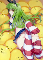 Rule 34 | 1girl, absurdres, ass, bow, c.c., cheese-kun, code geass, cosplay, creayus, crossover, elbow gloves, feet, gloves, gluteal fold, green hair, hair bow, highres, kantai collection, long hair, looking back, lying, midriff, miniskirt, no panties, no shoes, non-web source, on stomach, pleated skirt, sailor collar, scan, shimakaze (kancolle), shimakaze (kancolle) (cosplay), skirt, smile, socks, soles, solo, striped clothes, striped socks, striped thighhighs, thighhighs, toes, white gloves, yellow eyes