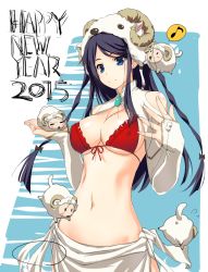 Rule 34 | 10s, 1girl, 2015, bare shoulders, bikini, black hair, blue eyes, breasts, cowboy shot, covered erect nipples, front-tie bikini top, front-tie top, happy new year, large breasts, long hair, musical note, navel, new year, original, quaver, red bikini, sarashi, sheep, sheep hat, smile, solo, speech bubble, spoken musical note, stomach, swimsuit, tamahiyo