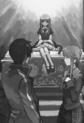 Rule 34 | 1girl, 2boys, altar, androgynous, ascot, blunt bangs, bow, buttons, cat tail, church, coat, crease, double-breasted, dress, flat chest, formal, frederica bernkastel, frilled dress, frilled sleeves, frills, from behind, greyscale, hands on lap, highres, indoors, kneehighs, layered dress, lolita fashion, long hair, long sleeves, looking at another, low ponytail, mary janes, monochrome, multiple boys, official art, puffy long sleeves, puffy sleeves, requiem of the golden witch, ribbon, scan, shoes, short hair, sidelocks, sitting, smile, socks, standing, straight hair, suit, tail, tail ornament, tail ribbon, tomohi, umineko no naku koro ni, ushiromiya lion, wide sleeves, willard h. wright
