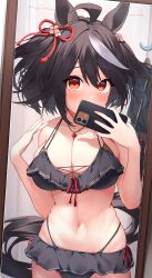 Rule 34 | 1girl, absurdres, ahoge, alternate costume, animal ears, bikini, bikini skirt, black bikini, black hair, breasts, cleavage, commentary request, frilled bikini, frills, highres, holding, holding phone, horse ears, horse girl, horse tail, indoors, jewelry, kitasan black (umamusume), large breasts, looking at viewer, multicolored hair, navel, necklace, phone, red eyes, selfie, short hair, shumai il, skindentation, solo, stomach, streaked hair, swimsuit, tail, two side up, umamusume, upper body, white hair