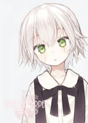 Rule 34 | 1girl, :&lt;, artist name, black bow, black ribbon, bow, capriccio, character name, closed mouth, collared shirt, cosplay, facial scar, fate/grand order, fate (series), flower, green eyes, grey background, hair between eyes, hair flower, hair ornament, hatoba tsugu, hatoba tsugu, hatoba tsugu (cosplay), jack the ripper (fate/apocrypha), looking at viewer, ribbon, rose, scar, scar across eye, scar on cheek, scar on face, shirt, silver hair, solo, suspenders, virtual youtuber, white flower, white rose, white shirt
