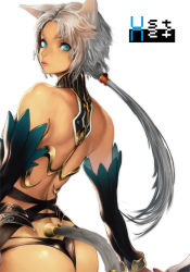Rule 34 | 1girl, animal ears, armor, ass, backless outfit, bad id, bad pixiv id, bare back, bare shoulders, bikini armor, blue eyes, detached sleeves, from behind, kazakami yuu, lips, long hair, looking back, nose, original, ponytail, silver hair, simple background, solo, tail