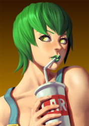 Rule 34 | 1girl, brown background, cup, drinking, foo fighters (jojo), gradient background, green hair, hand up, holding, holding cup, jojo no kimyou na bouken, overalls, portrait, shadow, short hair, solo, stone ocean, yellow eyes, zetman92
