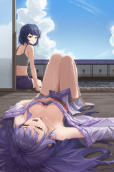Rule 34 | 26th, 2girls, bare arms, bare shoulders, blue hair, blue sky, breasts, brown eyes, camisole, closed eyes, cloud, commentary request, crop top, day, from behind, genshin impact, highres, japanese clothes, kimono, knees up, kujou sara, long sleeves, looking back, lying, medium breasts, midriff, multiple girls, off shoulder, on back, purple kimono, purple shorts, raiden shogun, short hair, shorts, sky, spaghetti strap, thighs