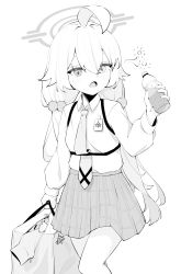 Rule 34 | 1girl, absurdres, ahoge, bag, blue archive, blush, bottle, collared shirt, greyscale, hair between eyes, hair bobbles, hair ornament, halo, highres, holding, holding bag, holding bottle, hoshino (blue archive), jewelry, long hair, long sleeves, looking at viewer, low twintails, lpleader, monochrome, necklace, open mouth, plaid, plaid skirt, pleated skirt, shirt, simple background, skirt, solo, twintails, very long hair, white background