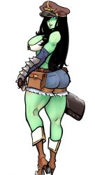 Rule 34 | 1girl, ass, black hair, blue eyes, boots, breasts, colored skin, female orc, green skin, hair over one eye, hat, high heel boots, high heels, large breasts, legs, lips, long hair, mole, mole under eye, monster girl, nina (scathegrapes), orc, scathegrapes, short shorts, shorts, weapon