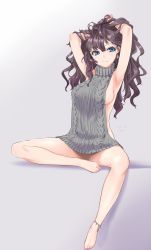 Rule 34 | 10s, 1girl, ajino hiraki (mount punch), anklet, antenna hair, armpits, artist name, backless dress, backless outfit, bad perspective, bare arms, bare shoulders, barefoot, blue eyes, breasts, brown hair, censored, closed mouth, commentary request, dated, dress, earrings, feet, full body, grey sweater, halterneck, hands in hair, highres, ichinose shiki, idolmaster, idolmaster cinderella girls, jewelry, long hair, looking at viewer, medium breasts, meme attire, nail polish, naked sweater, no panties, pink nails, ribbed sweater, sideboob, simple background, sitting, smile, solo, spread legs, sweater, sweater dress, toenail polish, toenails, turtleneck, turtleneck sweater, virgin killer sweater, wavy hair