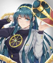 Rule 34 | 1girl, blurry, bracelet, breasts, chitose ao, cleopatra (fate), earrings, fate/grand order, fate (series), green eyes, green hair, grey background, hairband, jewelry, large breasts, long hair, matching hair/eyes, necklace, one eye closed, simple background, smile, snake, solo