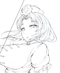 Rule 34 | 1girl, :o, breasts, cross print, hat, huge breasts, large breasts, looking at viewer, mole, mole under eye, monochrome, nose, nurse cap, parted lips, puffy short sleeves, puffy sleeves, short sleeves, simple background, solo, string, toobon, touhou, unfinished, white background, yagokoro eirin