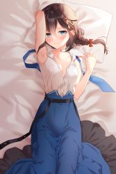 Rule 34 | 1girl, arm up, armpits, blue eyes, blue skirt, blush, braid, breasts, brown hair, cleavage, collarbone, highres, kantai collection, long hair, looking at viewer, lying, medium breasts, naoto (tulip), necktie, unworn necktie, official alternate costume, on back, on bed, open clothes, open shirt, shigure (kancolle), shigure kai ni (kancolle), shirt, skirt, sleeveless, sleeveless shirt, solo, undressing, white shirt