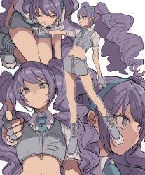 Rule 34 | 1girl, aoi (yooo009), boots, closed mouth, crop top, fingerless gloves, full body, gloves, grey eyes, hairband, highres, long hair, miniskirt, multiple views, navel, necktie, original, pointing, pointing at viewer, purple hair, short sleeves, simple background, skirt, thighs, twintails, wavy hair, white background